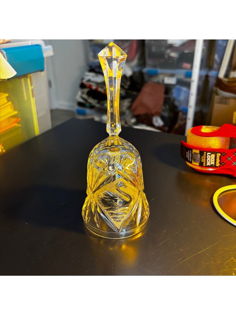 Vintage Clear Glass Bell with Etched Swan Design